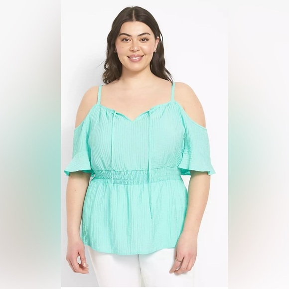 Lane Bryant Aqua Cold Shoulder Blouse - Picture 5 of 9